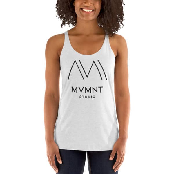 Women's Racerback tank top with MVMNT Studio logo.