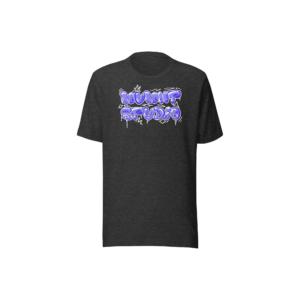 charcoal grey tee shirt with MVMNT Studio in purple graffiti font.
