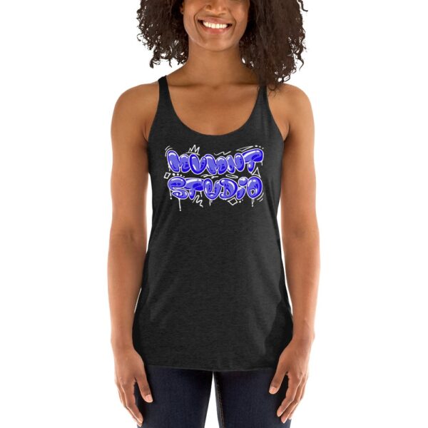 Women's racerback tank top with MVMNT Graffiti Design.