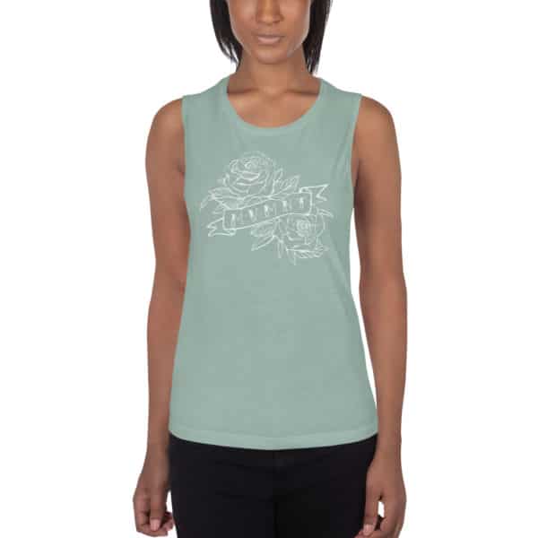 Women's muscle tank top with MVMNT Rose design.