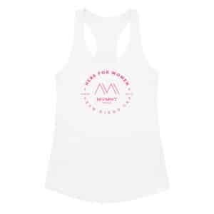Photo of a women's racerback tank top with MVMNT Studios "Here for Women" logo in hot pink.